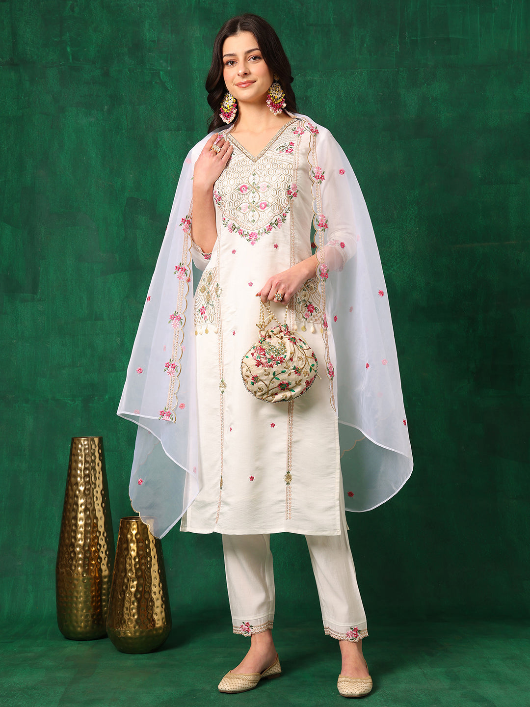 Embroidered Kurta With Pant & Embroidered Organza Dupatta, White - Hiral Fashion