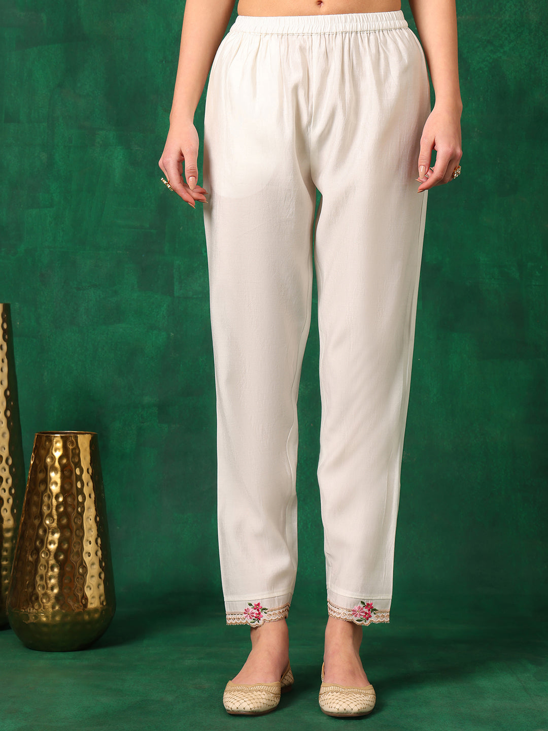 Embroidered Kurta With Pant & Embroidered Organza Dupatta, White - Hiral Fashion