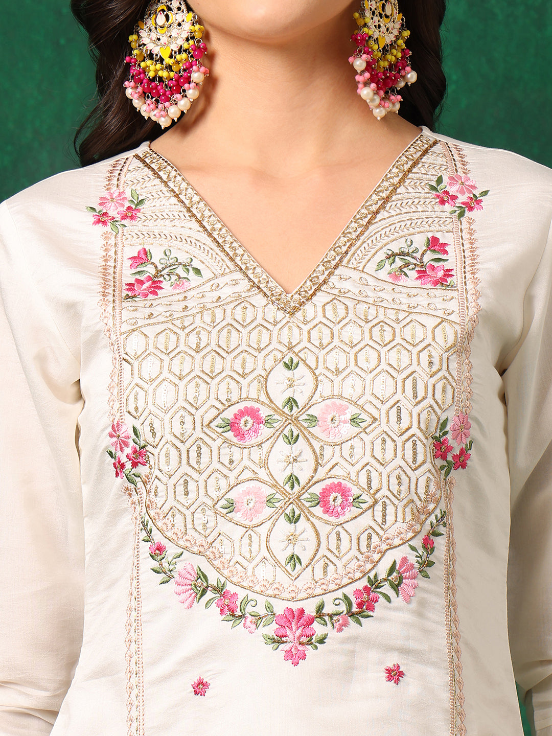 Embroidered Kurta With Pant & Embroidered Organza Dupatta, White - Hiral Fashion