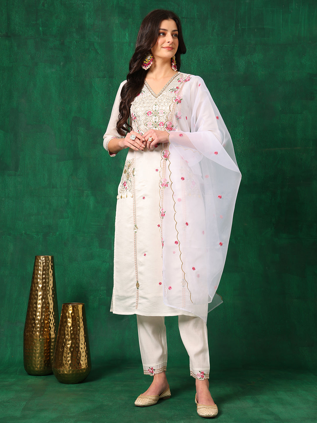 Embroidered Kurta With Pant & Embroidered Organza Dupatta, White - Hiral Fashion