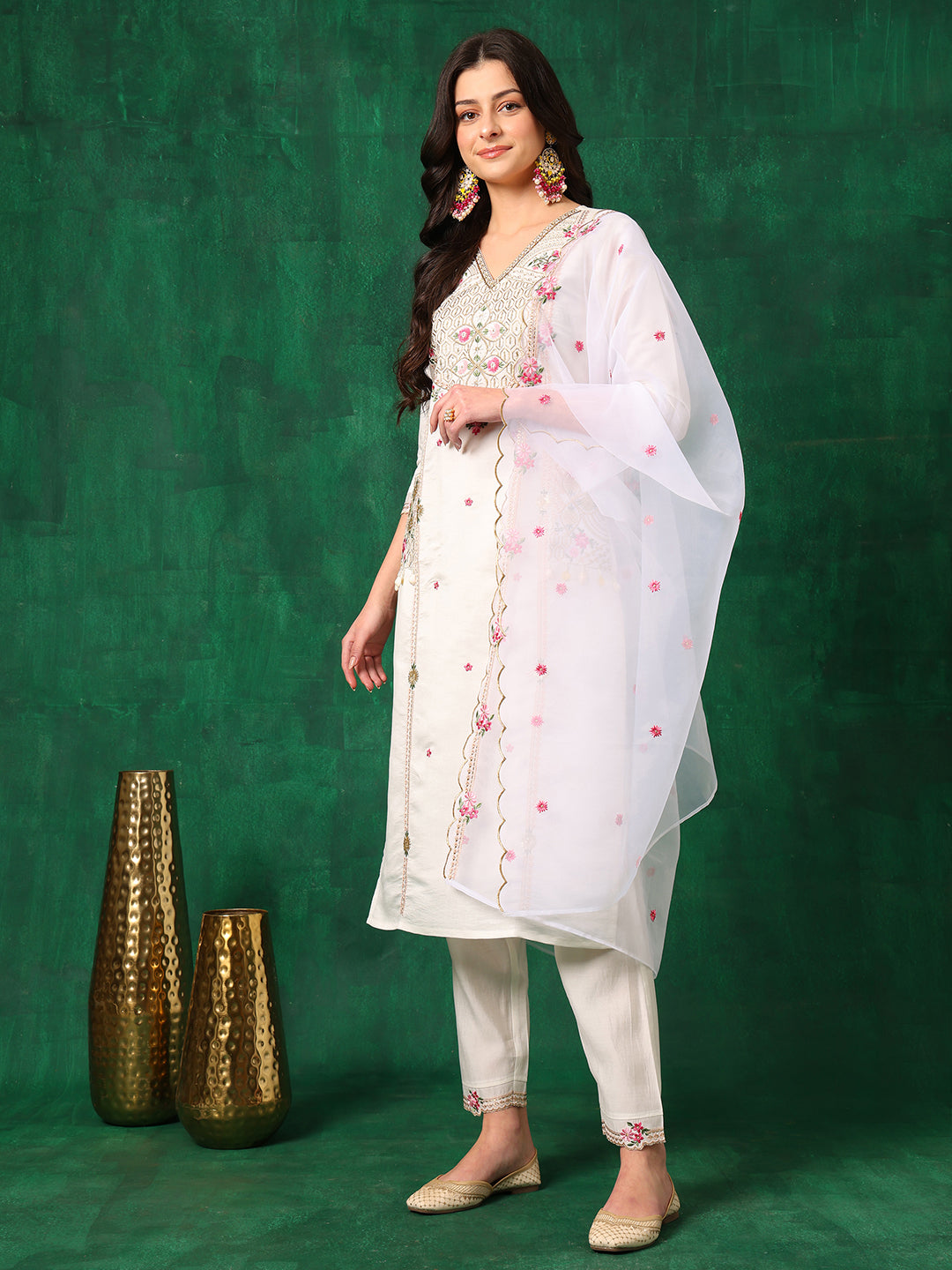 Embroidered Kurta With Pant & Embroidered Organza Dupatta, White - Hiral Fashion