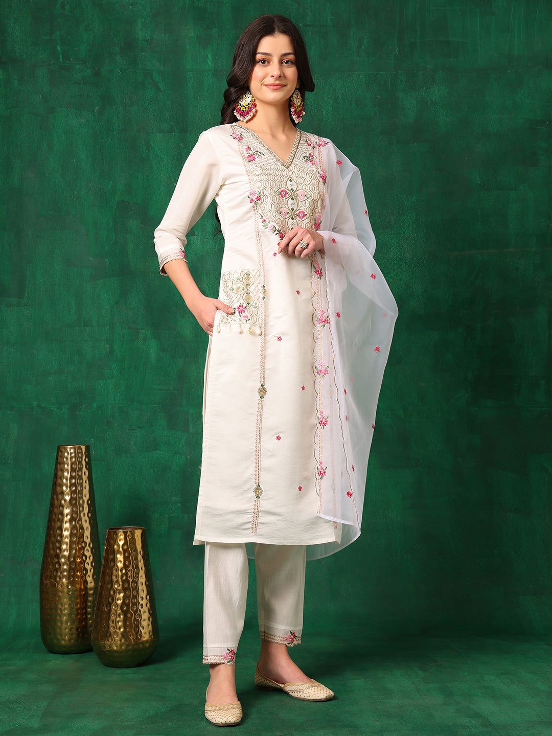 Embroidered Kurta With Pant & Embroidered Organza Dupatta, White - Hiral Fashion