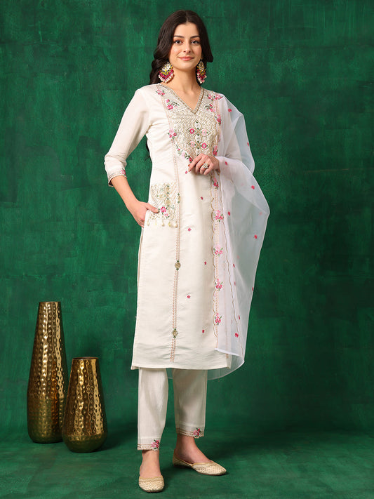 Embroidered Kurta With Pant & Embroidered Organza Dupatta, White - Hiral Fashion