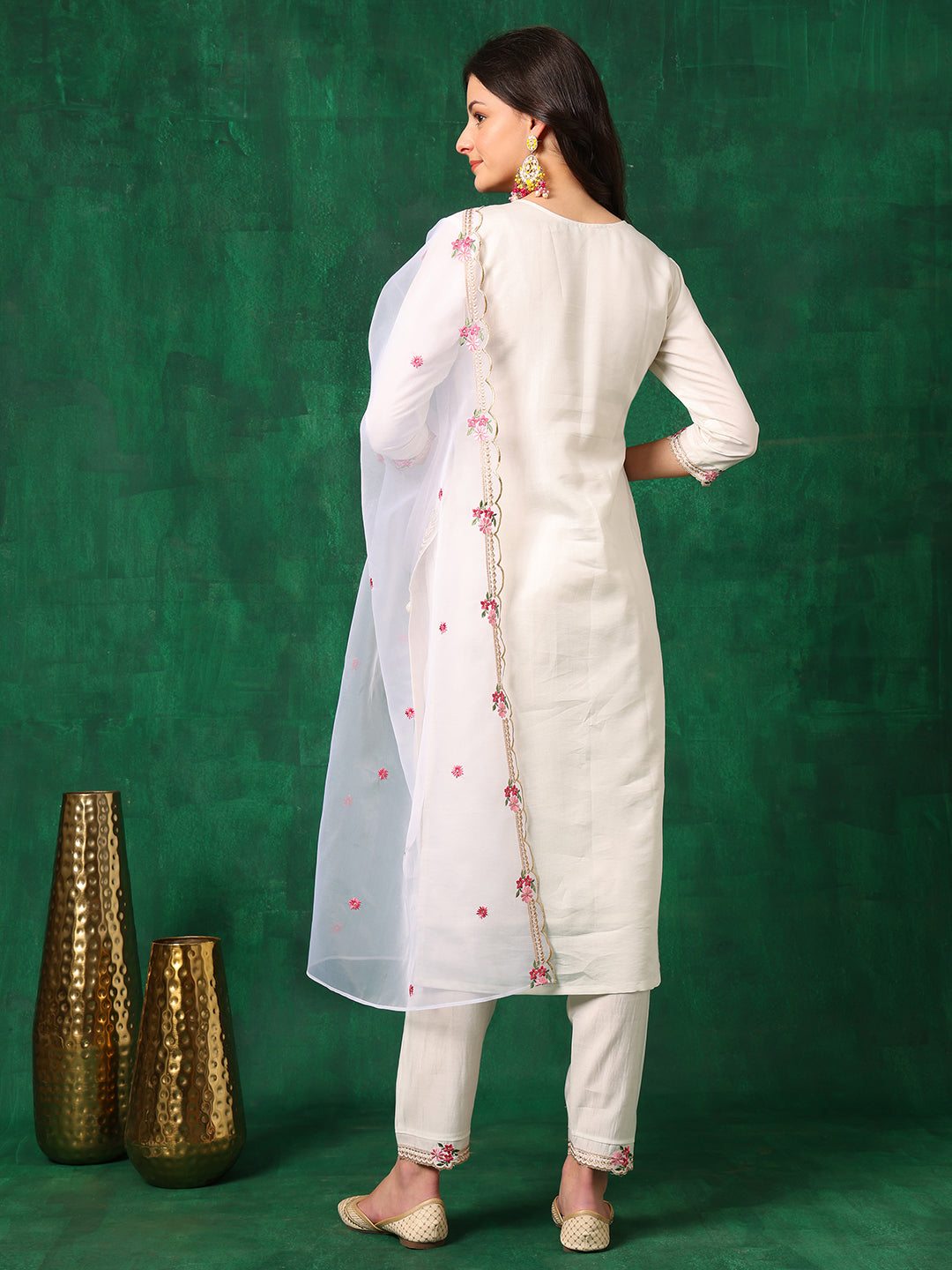 Embroidered Kurta With Pant & Embroidered Organza Dupatta, White - Hiral Fashion