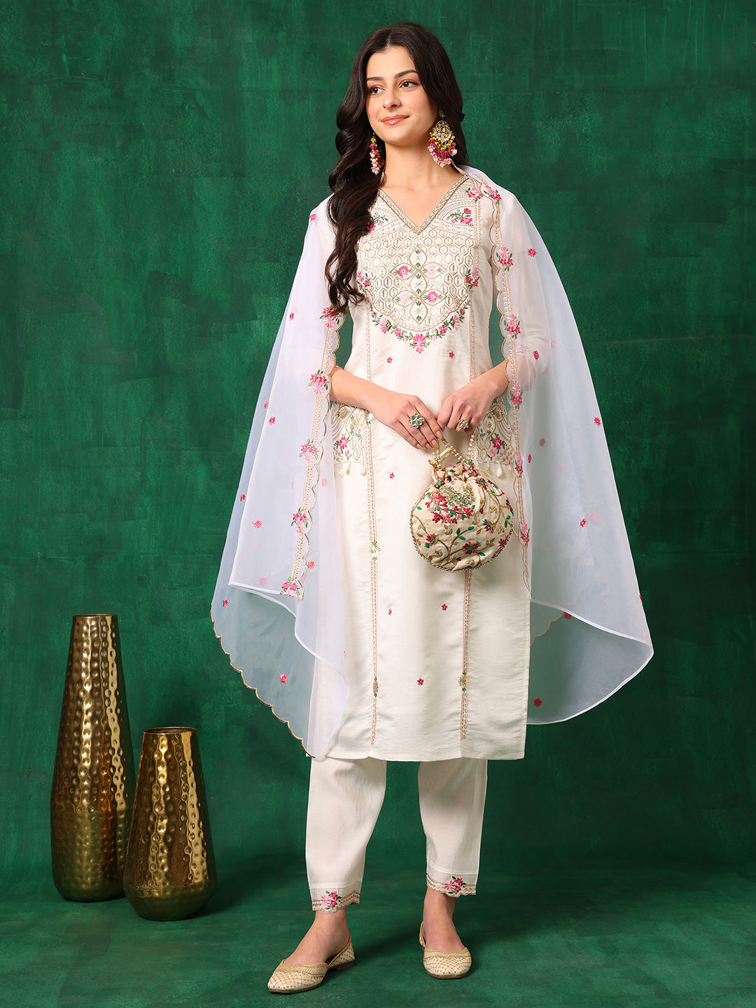 Embroidered Kurta With Pant & Embroidered Organza Dupatta, White - Hiral Fashion