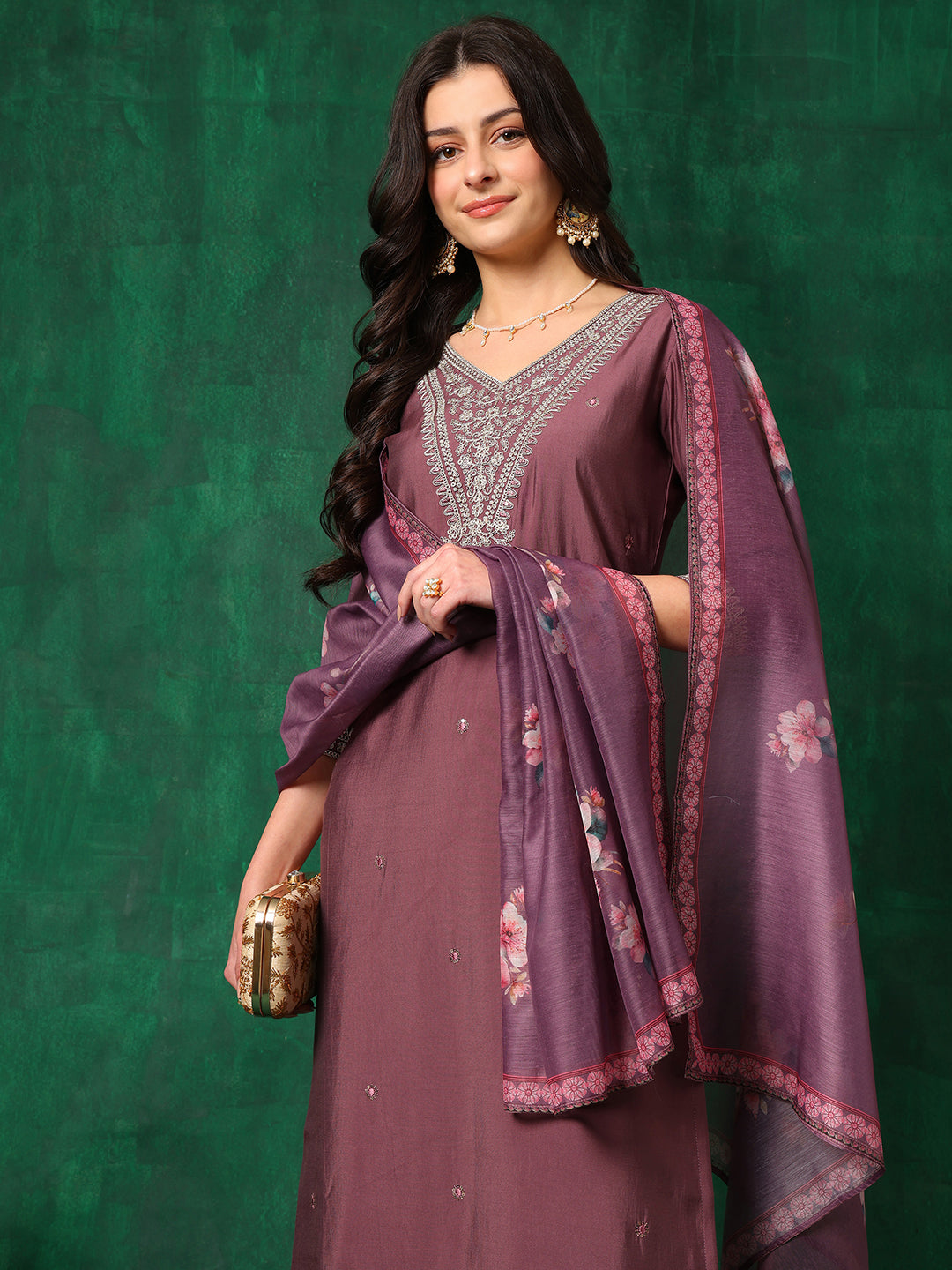 Sequined Embroidered Kurta With Pant & Printed Dupatta, Mauve - Hiral Fashion