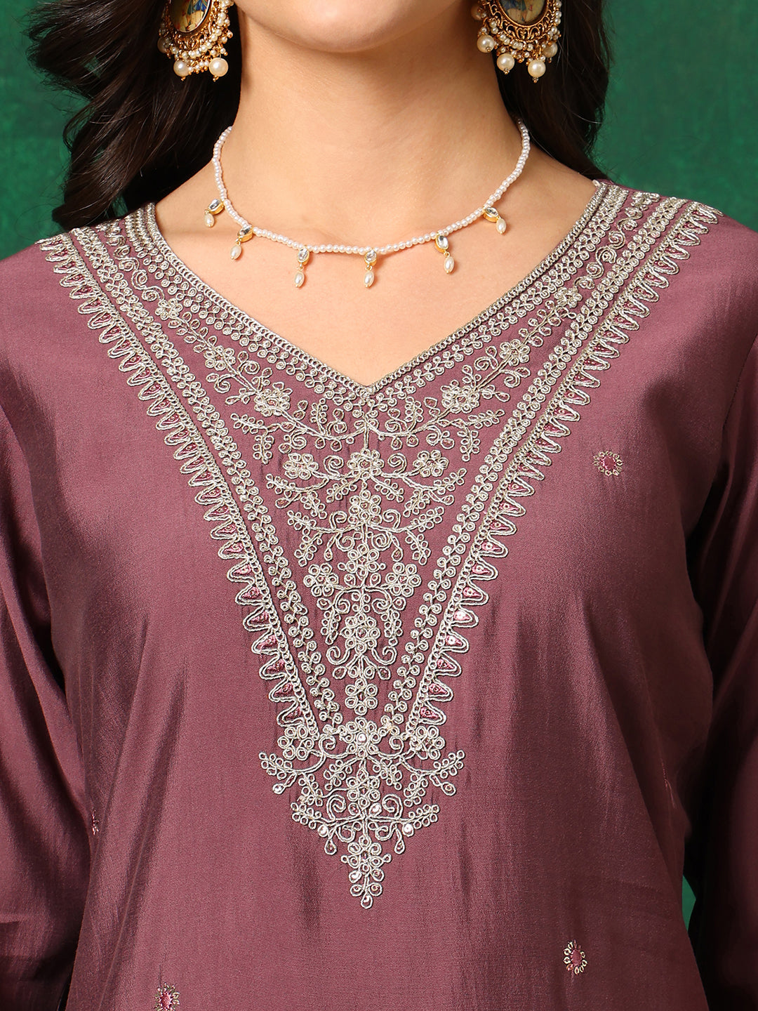 Sequined Embroidered Kurta With Pant & Printed Dupatta, Mauve - Hiral Fashion