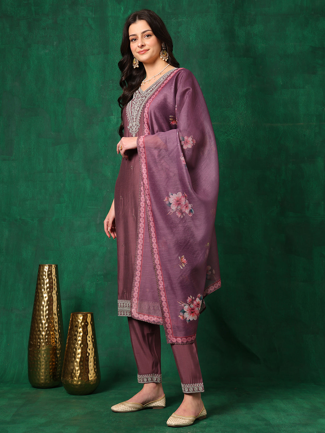 Sequined Embroidered Kurta With Pant & Printed Dupatta, Mauve - Hiral Fashion