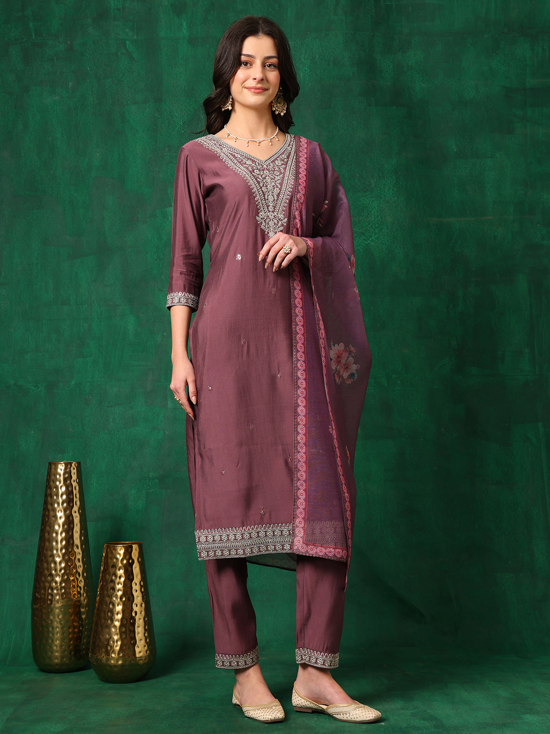 Sequined Embroidered Kurta With Pant & Printed Dupatta, Mauve - Hiral Fashion