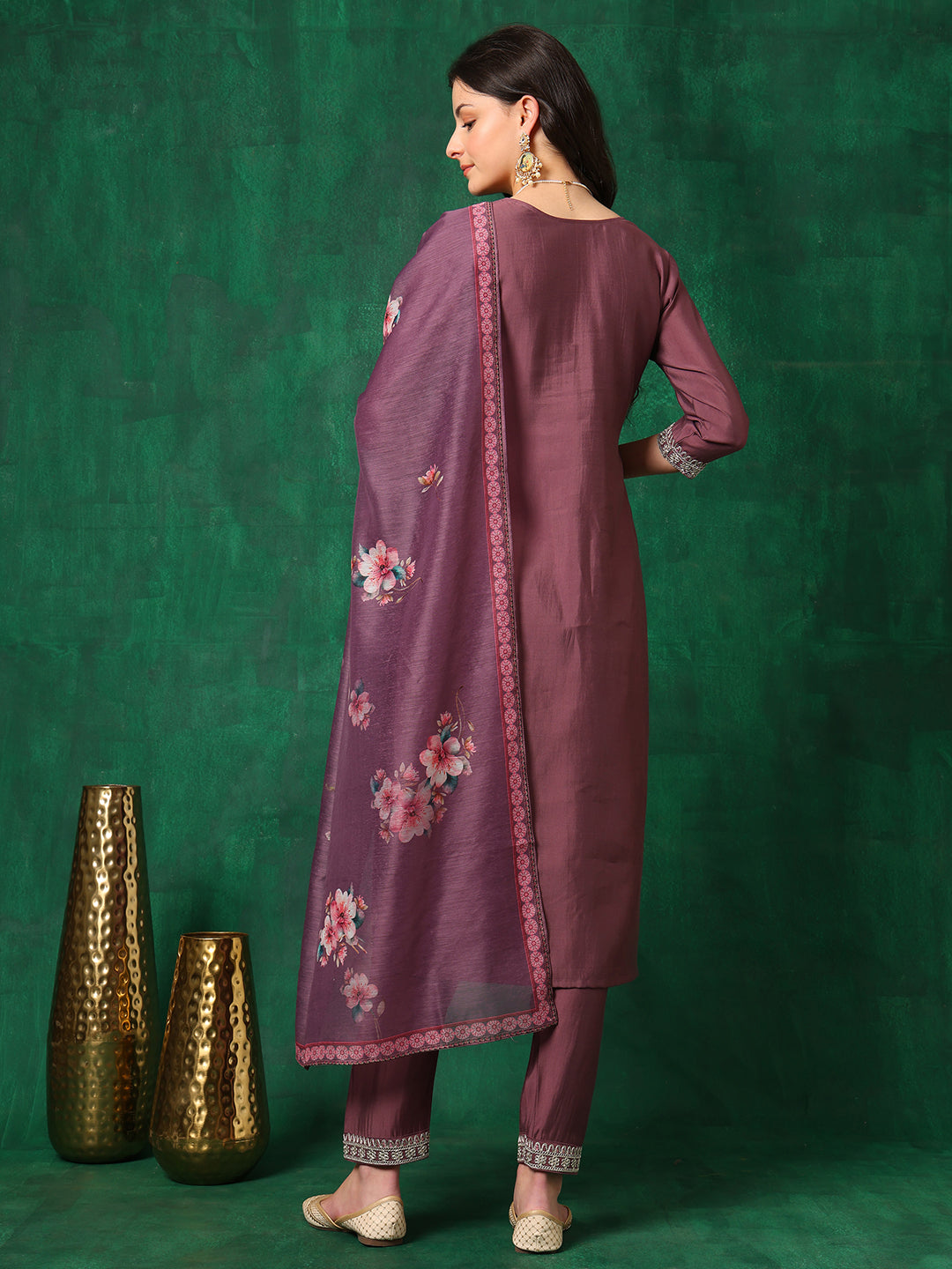 Sequined Embroidered Kurta With Pant & Printed Dupatta, Mauve - Hiral Fashion
