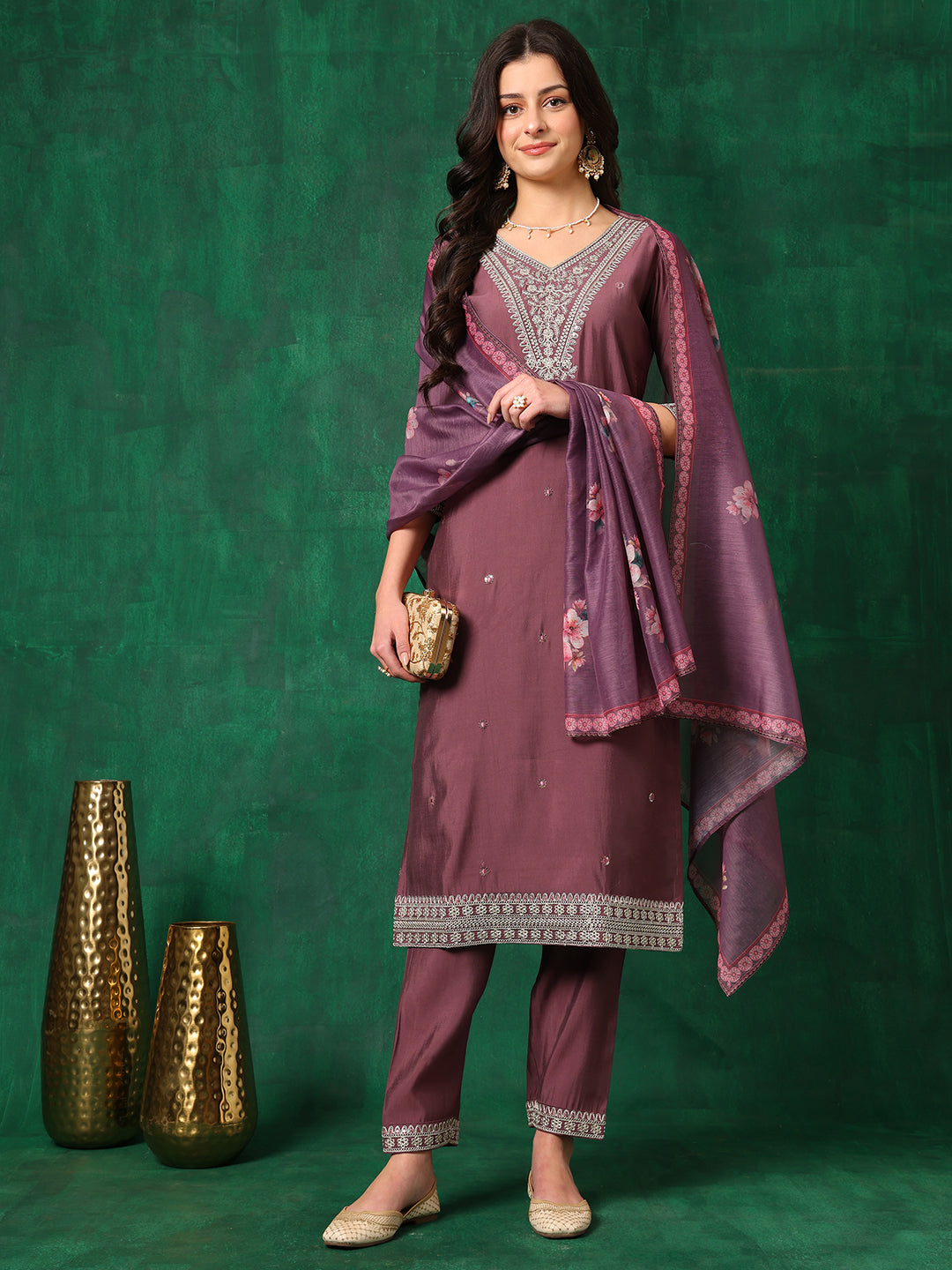 Sequined Embroidered Kurta With Pant & Printed Dupatta, Mauve - Hiral Fashion