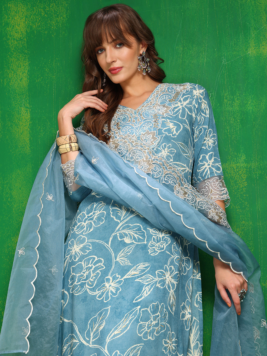 Embroidered & Floral Printed Kurta With Palazzo Pant & Embroidered Dupatta, Aqua-Blue - Hiral Fashion