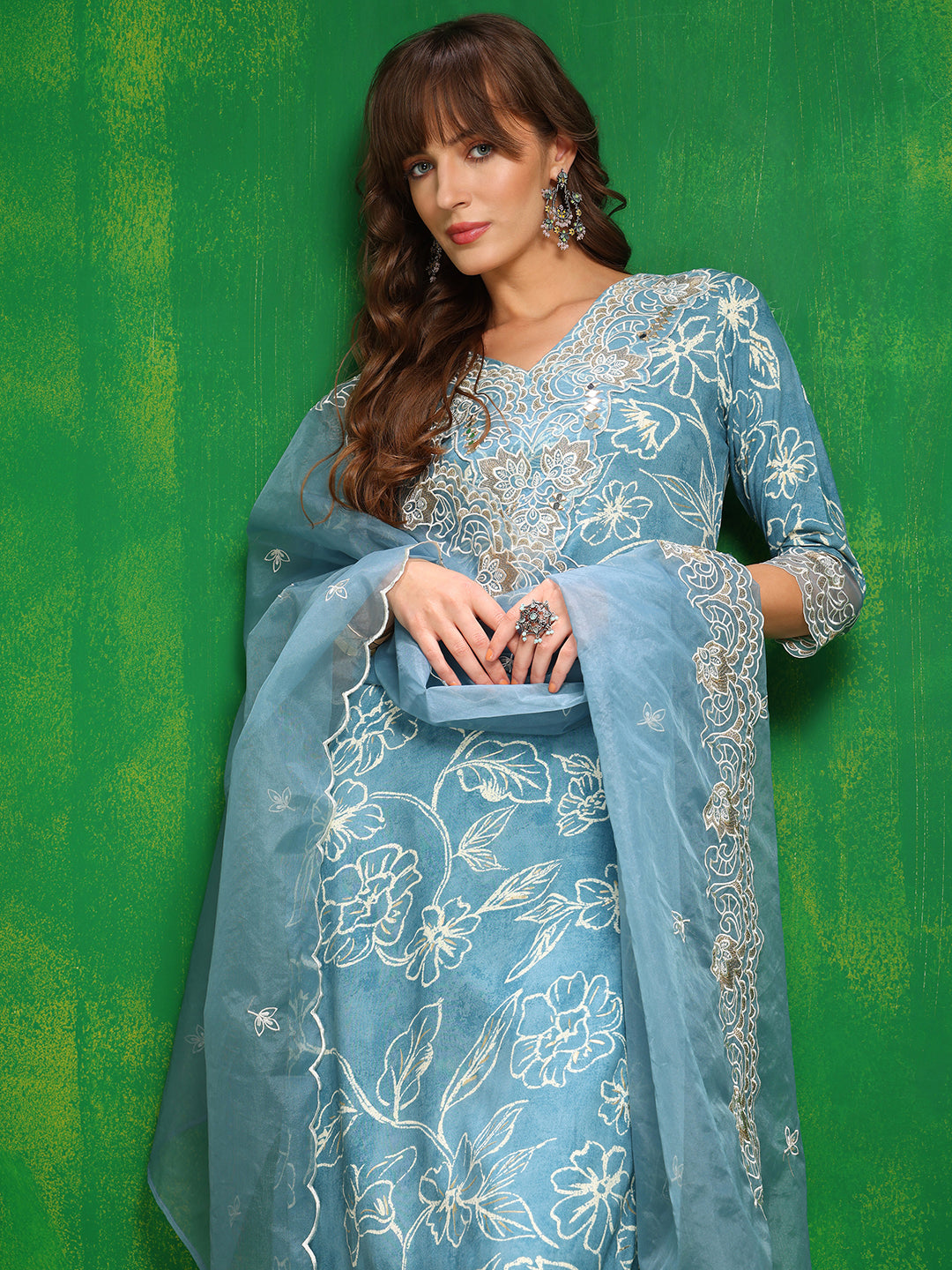 Embroidered & Floral Printed Kurta With Palazzo Pant & Embroidered Dupatta, Aqua-Blue - Hiral Fashion