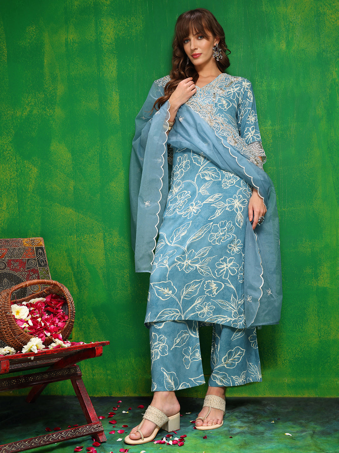 Embroidered & Floral Printed Kurta With Palazzo Pant & Embroidered Dupatta, Aqua-Blue - Hiral Fashion