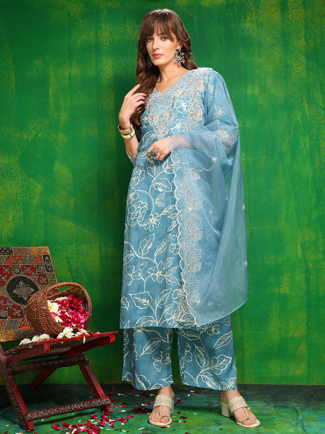 Embroidered & Floral Printed Kurta With Palazzo Pant & Embroidered Dupatta, Aqua-Blue - Hiral Fashion