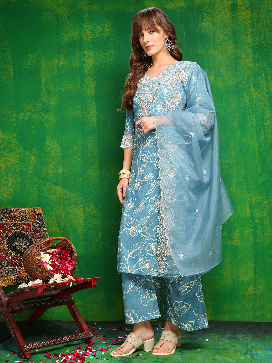 Embroidered & Floral Printed Kurta With Palazzo Pant & Embroidered Dupatta, Aqua-Blue - Hiral Fashion