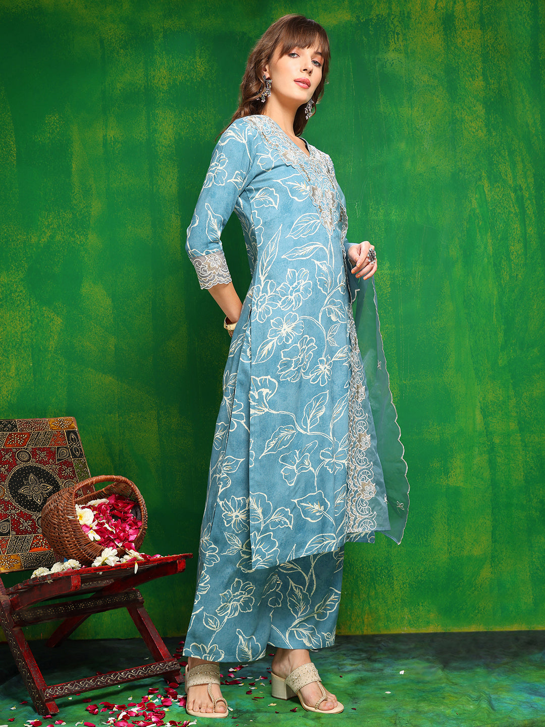 Embroidered & Floral Printed Kurta With Palazzo Pant & Embroidered Dupatta, Aqua-Blue - Hiral Fashion