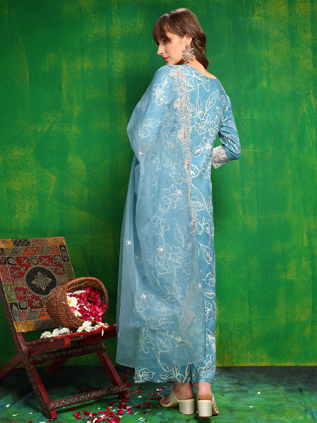 Embroidered & Floral Printed Kurta With Palazzo Pant & Embroidered Dupatta, Aqua-Blue - Hiral Fashion