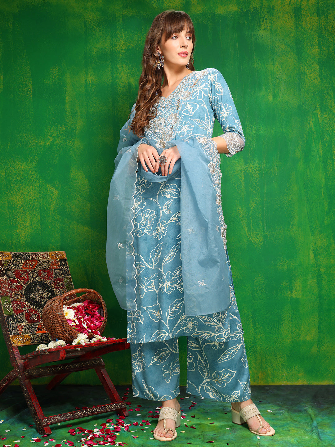 Embroidered & Floral Printed Kurta With Palazzo Pant & Embroidered Dupatta, Aqua-Blue - Hiral Fashion