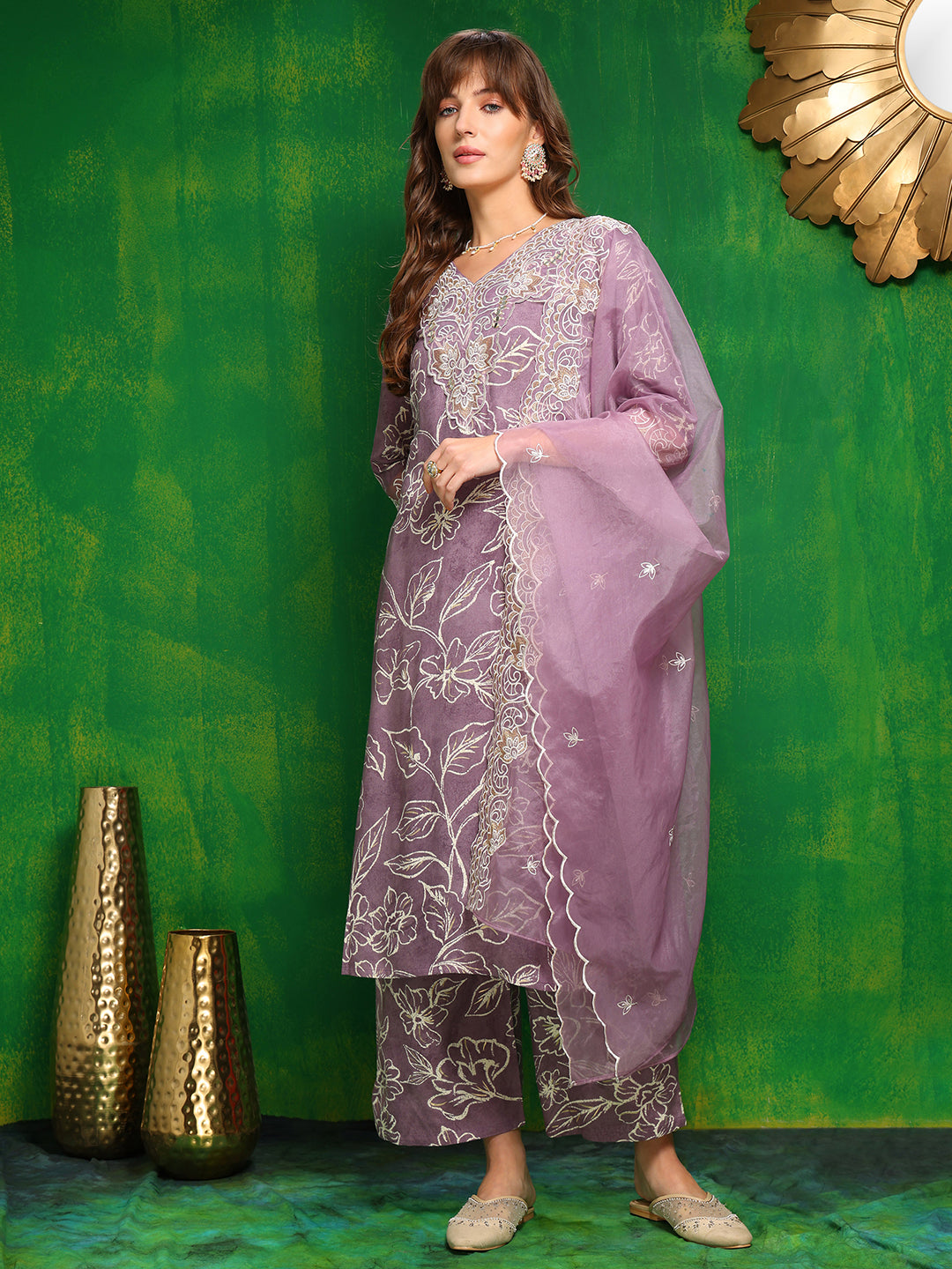 Embroidered & Floral Printed Kurta With Palazzo Pant & Embroidered Dupatta, Lavender - Hiral Fashion