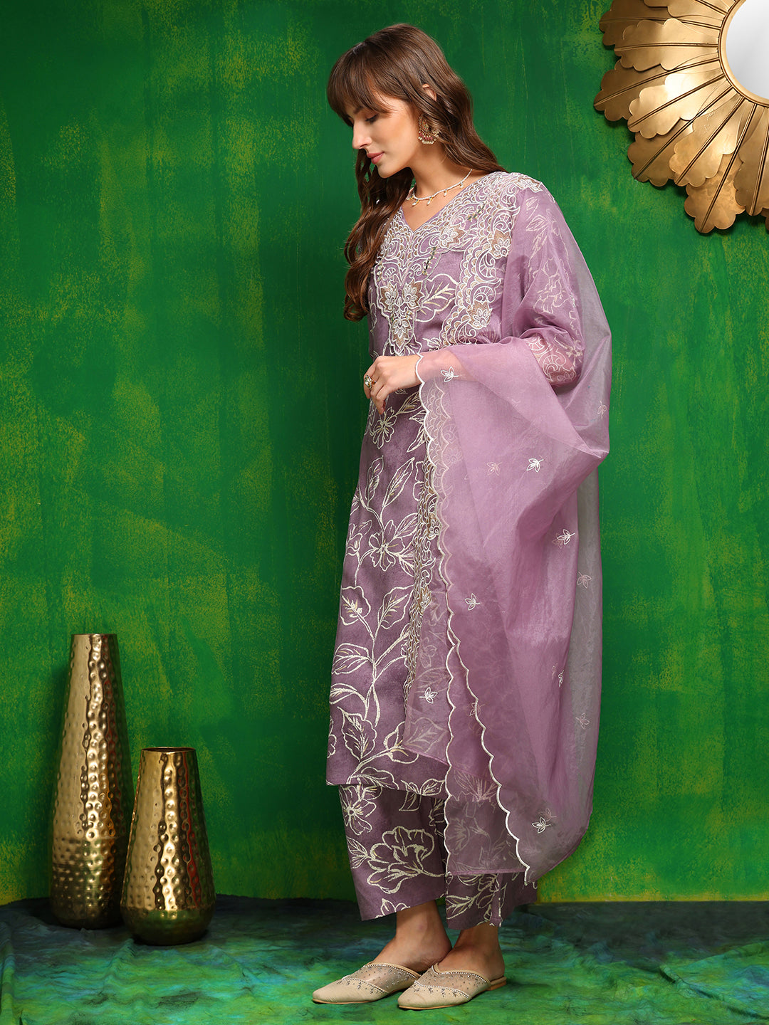 Embroidered & Floral Printed Kurta With Palazzo Pant & Embroidered Dupatta, Lavender - Hiral Fashion