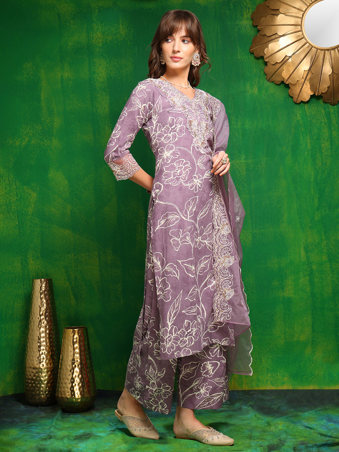 Embroidered & Floral Printed Kurta With Palazzo Pant & Embroidered Dupatta, Lavender - Hiral Fashion