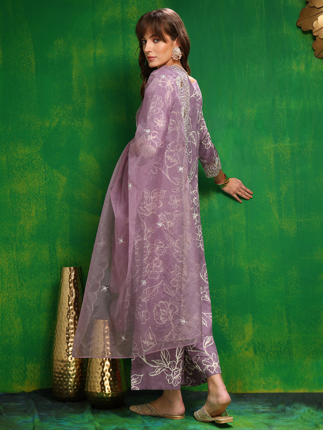 Embroidered & Floral Printed Kurta With Palazzo Pant & Embroidered Dupatta, Lavender - Hiral Fashion