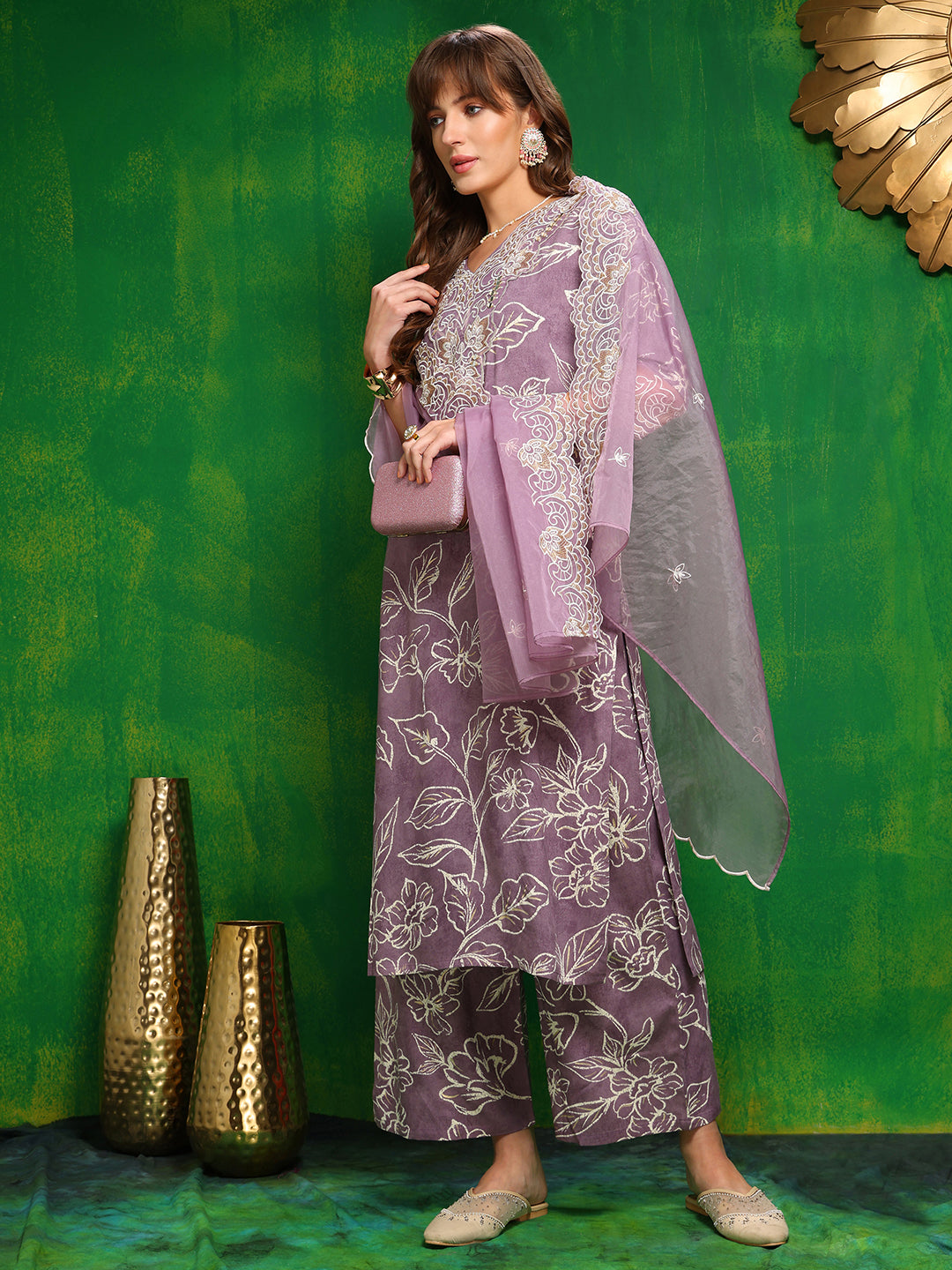 Embroidered & Floral Printed Kurta With Palazzo Pant & Embroidered Dupatta, Lavender - Hiral Fashion