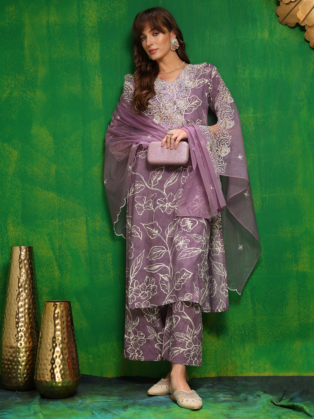 Embroidered & Floral Printed Kurta With Palazzo Pant & Embroidered Dupatta, Lavender - Hiral Fashion