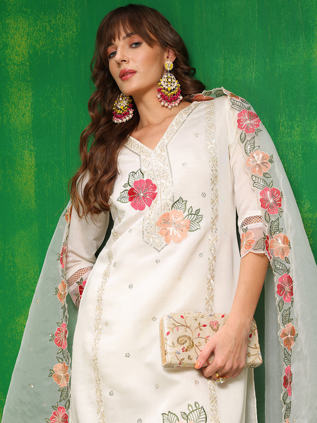 Sequined & Thread Embroidered Kurta With Pant & Embroidered Dupatta, White - Hiral Fashion