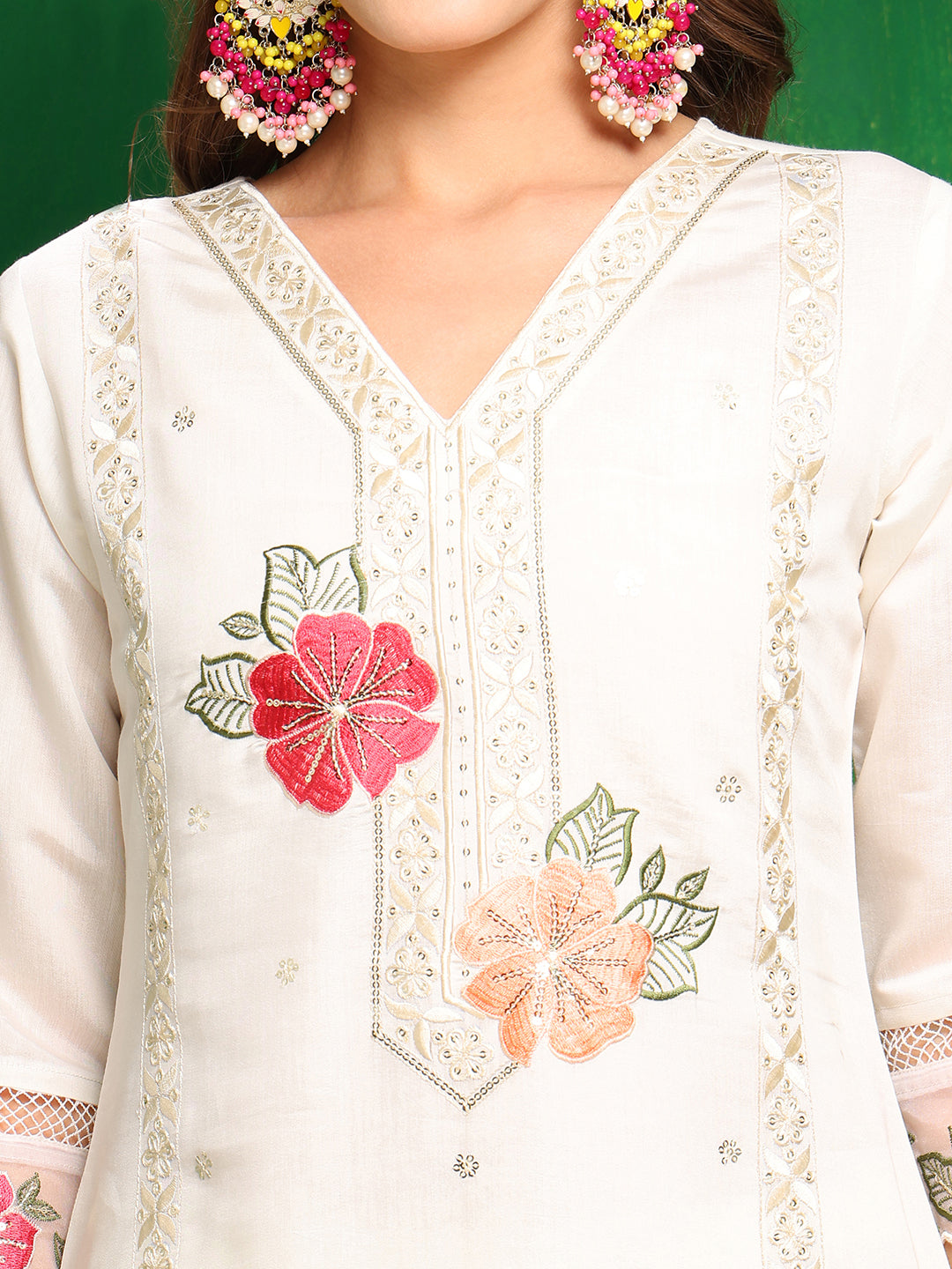 Sequined & Thread Embroidered Kurta With Pant & Embroidered Dupatta, White - Hiral Fashion