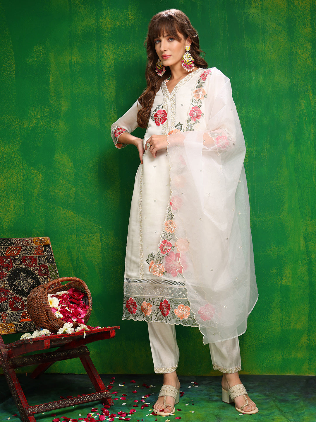 Sequined & Thread Embroidered Kurta With Pant & Embroidered Dupatta, White - Hiral Fashion