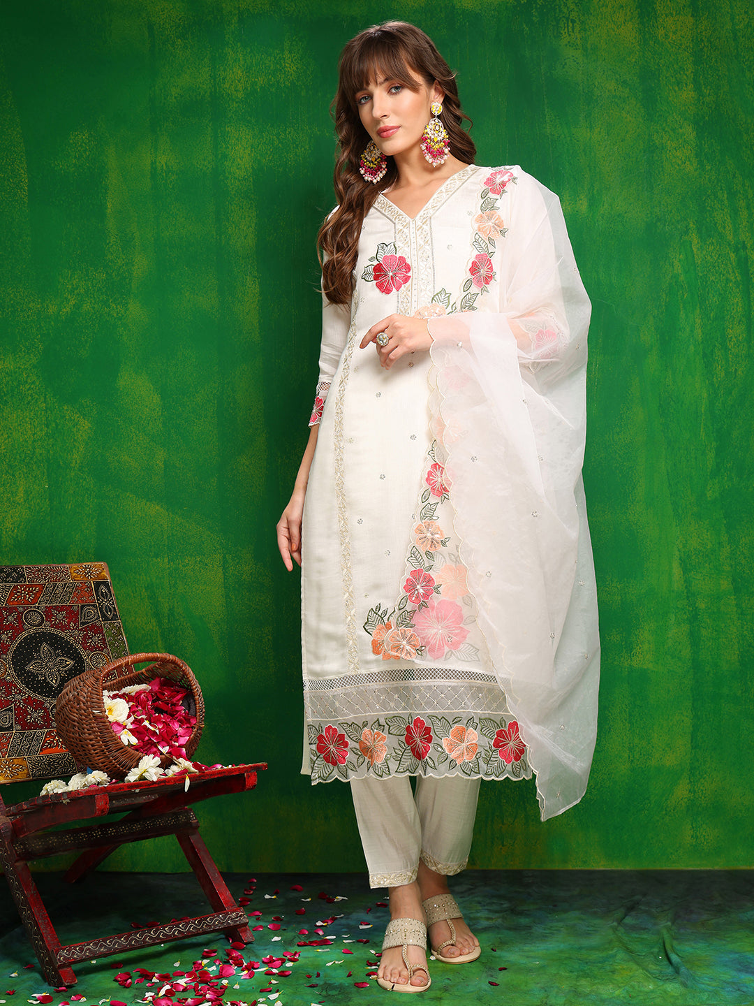 Sequined & Thread Embroidered Kurta With Pant & Embroidered Dupatta, White - Hiral Fashion
