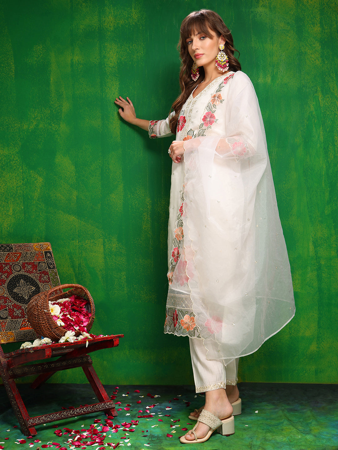 Sequined & Thread Embroidered Kurta With Pant & Embroidered Dupatta, White - Hiral Fashion