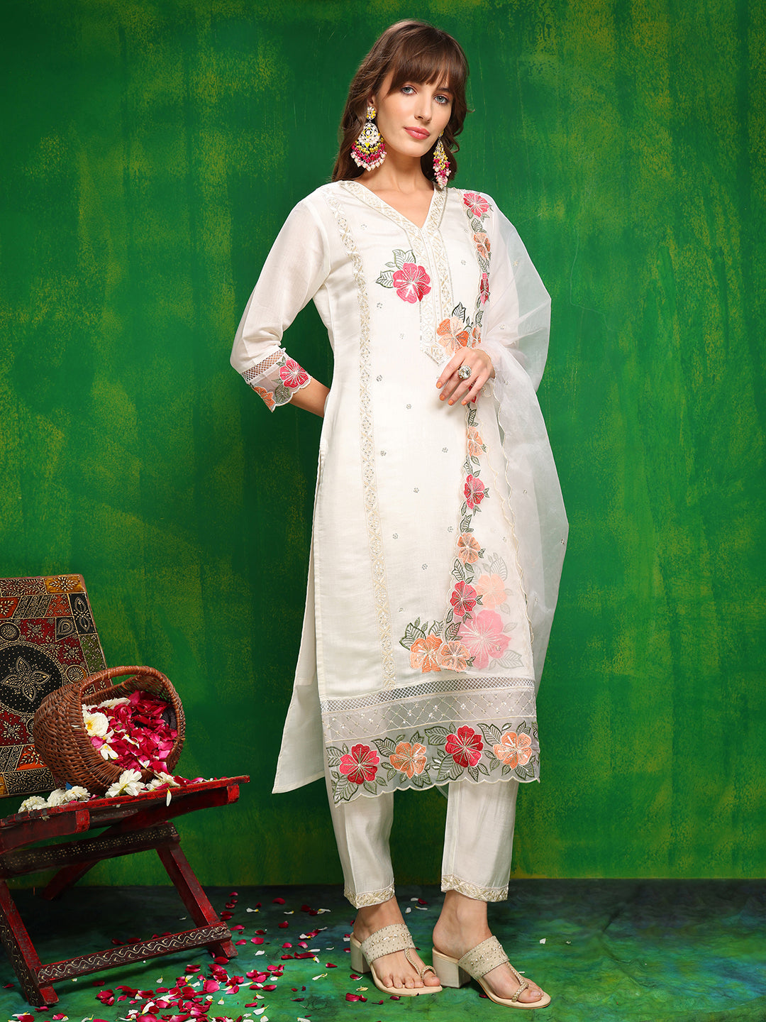 Sequined & Thread Embroidered Kurta With Pant & Embroidered Dupatta, White - Hiral Fashion