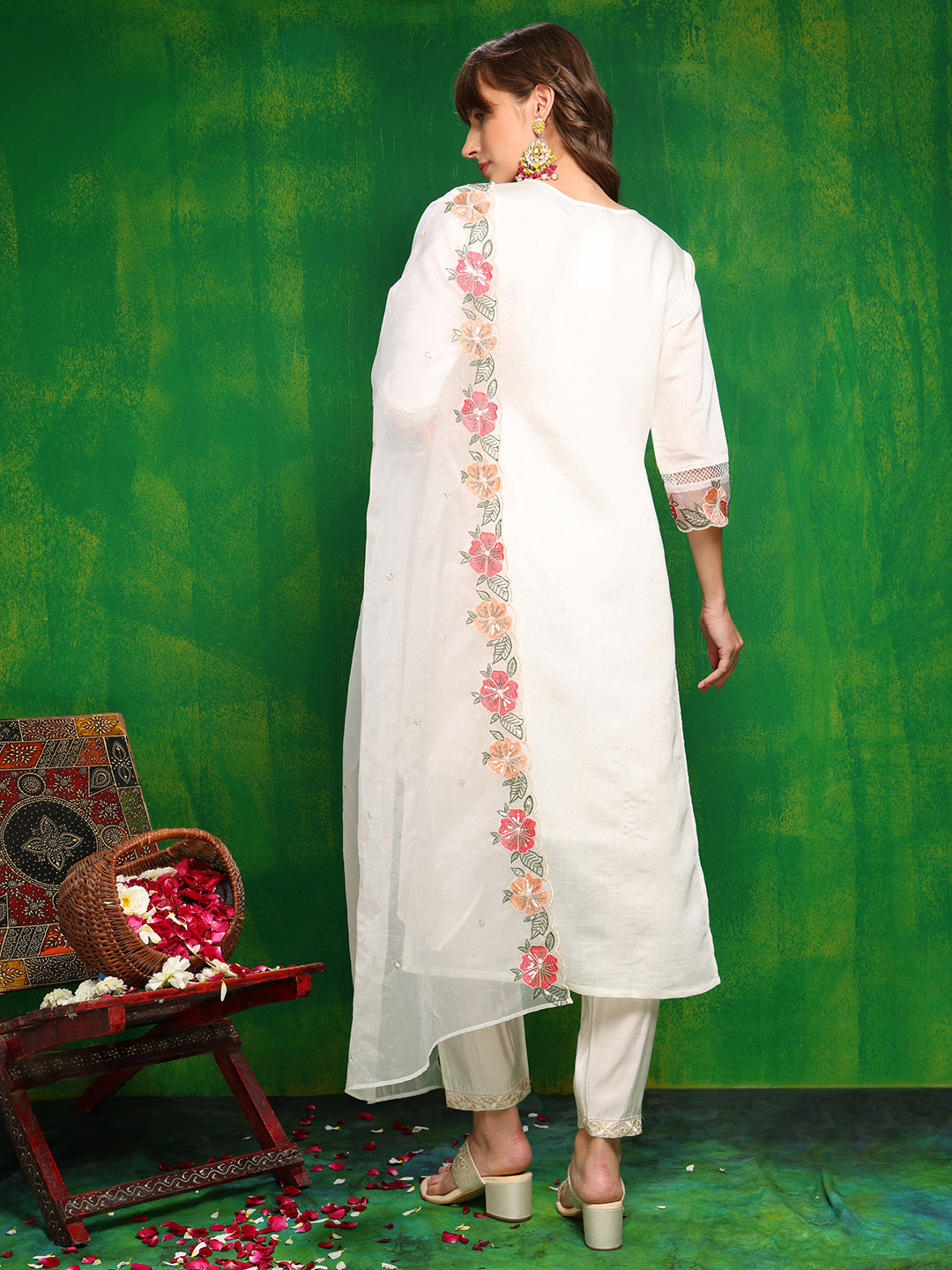 Sequined & Thread Embroidered Kurta With Pant & Embroidered Dupatta, White - Hiral Fashion