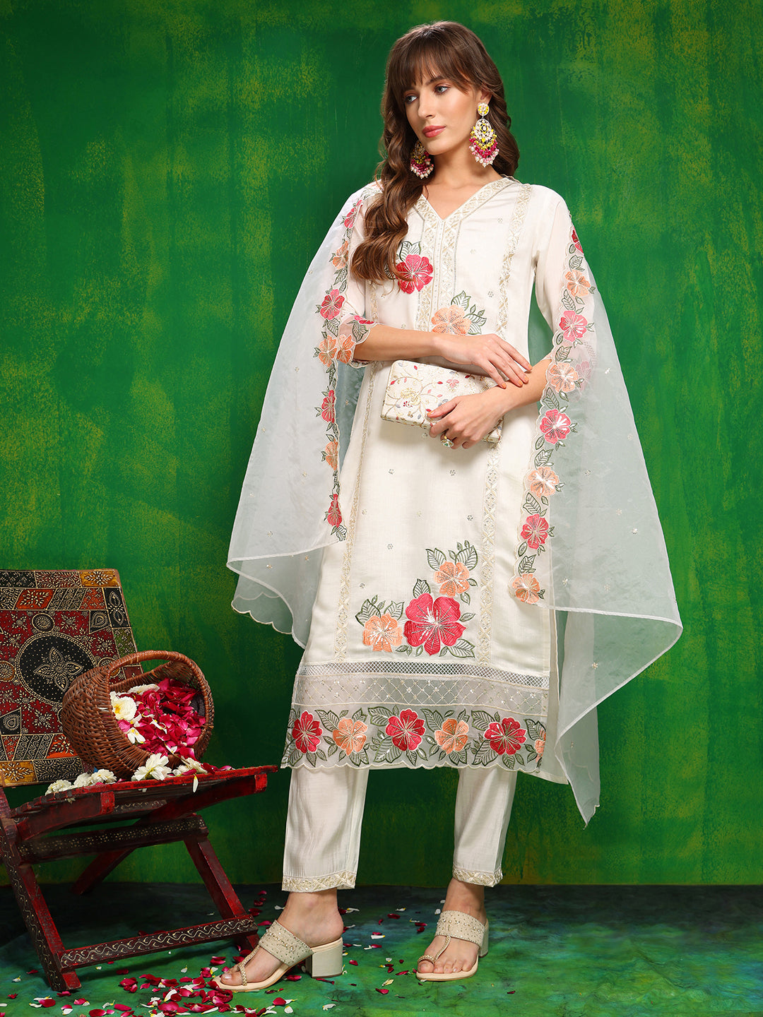 Sequined & Thread Embroidered Kurta With Pant & Embroidered Dupatta, White - Hiral Fashion