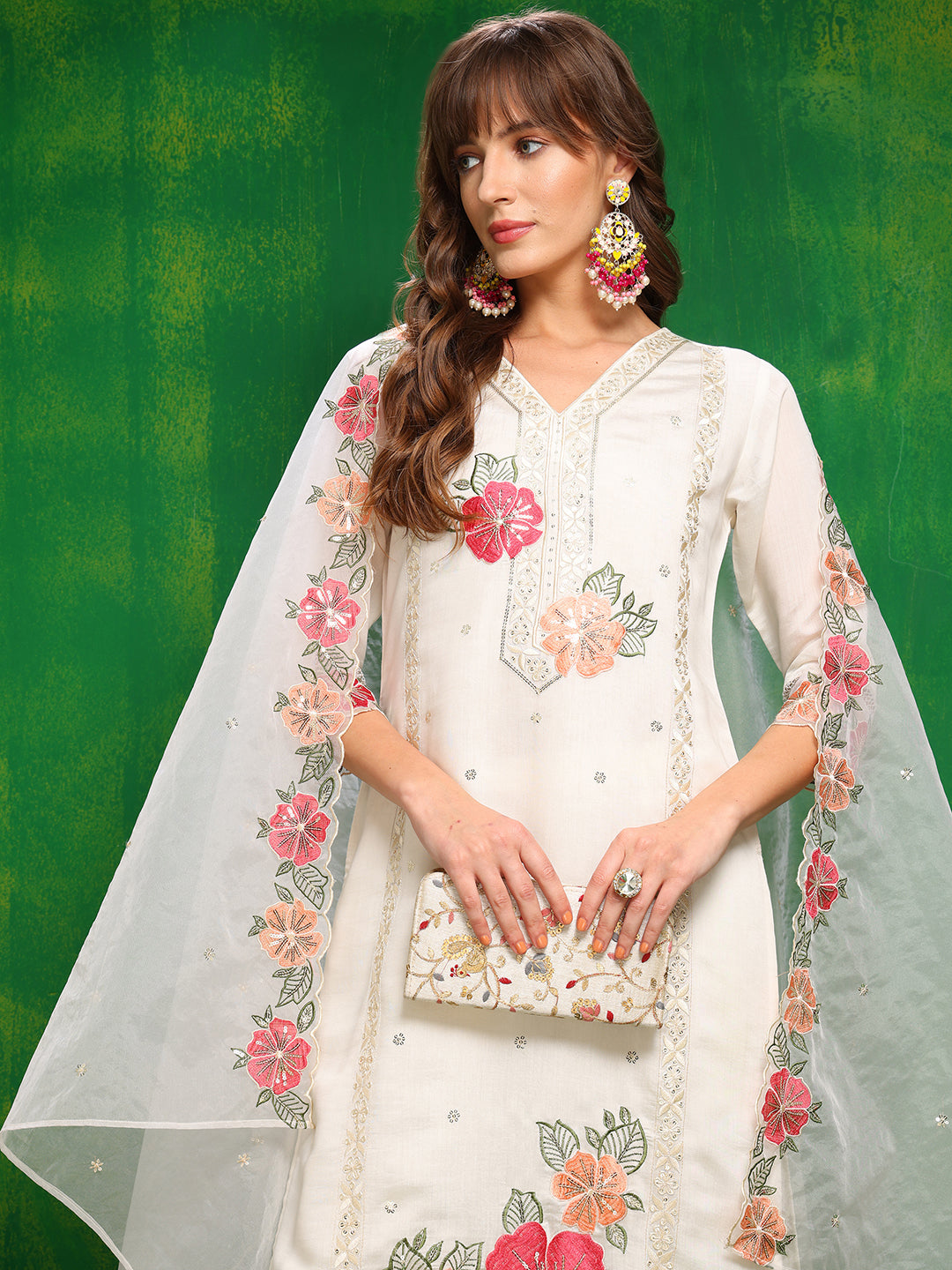 Sequined & Thread Embroidered Kurta With Pant & Embroidered Dupatta, White - Hiral Fashion