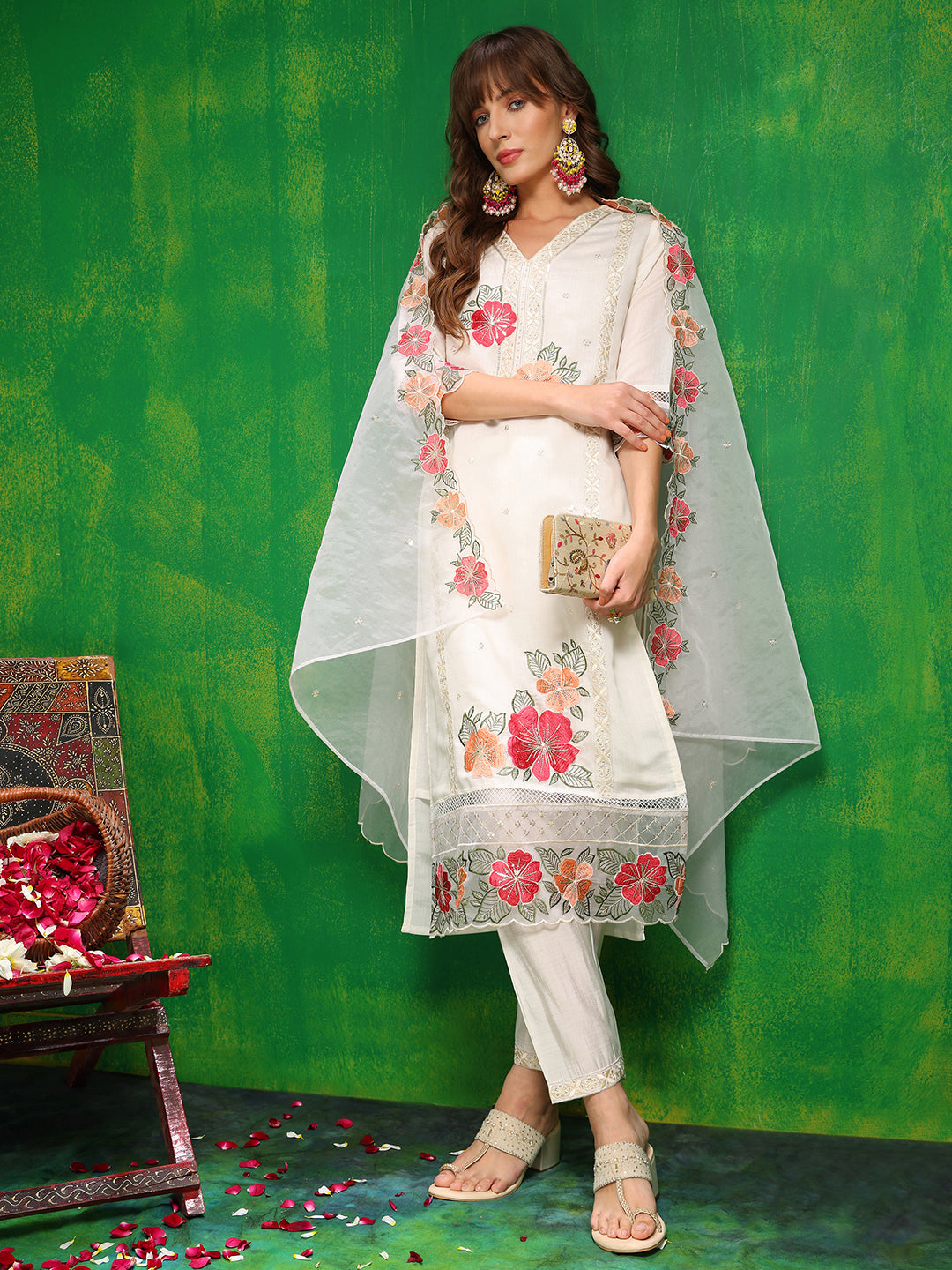 Sequined & Thread Embroidered Kurta With Pant & Embroidered Dupatta, White - Hiral Fashion