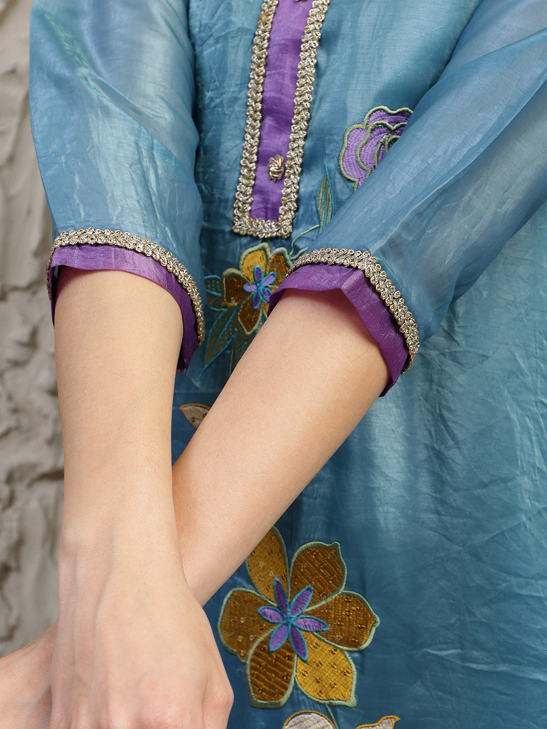 Hand Embroidered Kurta With Pant & Dual Toned Dupatta, Blue - Hiral Fashion