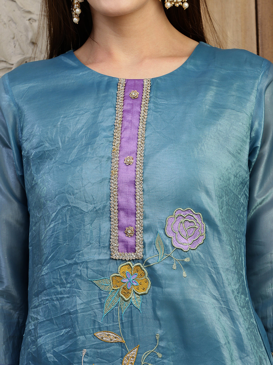 Hand Embroidered Kurta With Pant & Dual Toned Dupatta, Blue - Hiral Fashion