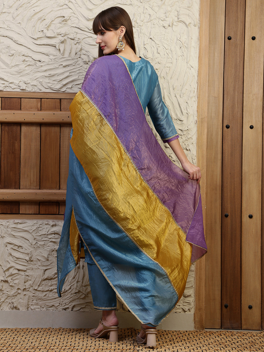Hand Embroidered Kurta With Pant & Dual Toned Dupatta, Blue - Hiral Fashion