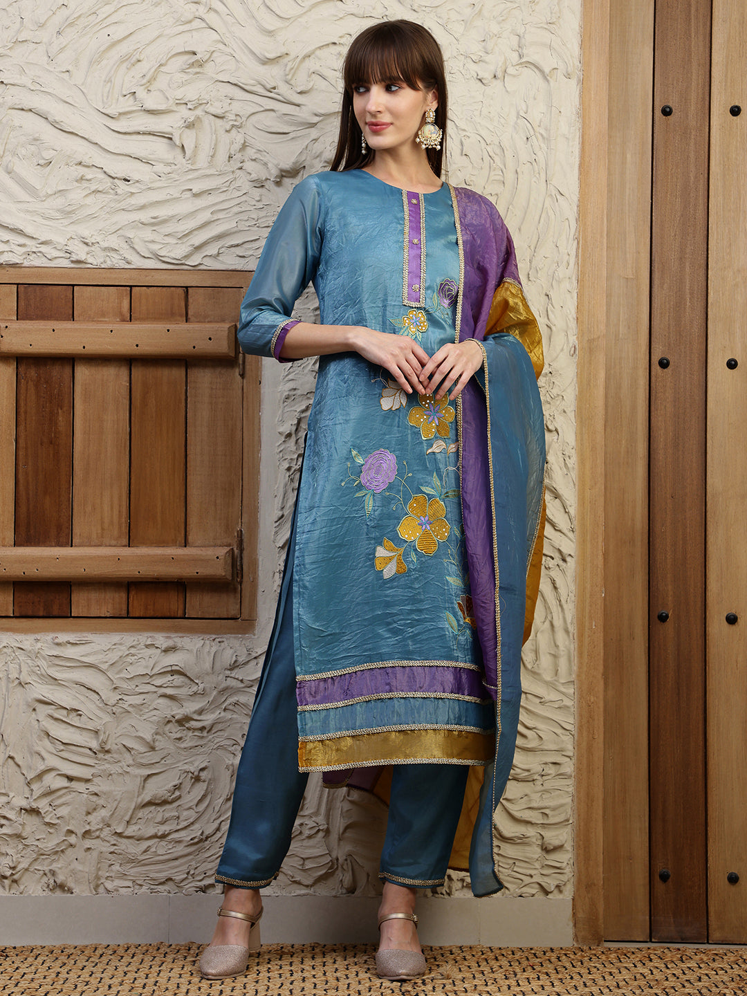 Hand Embroidered Kurta With Pant & Dual Toned Dupatta, Blue - Hiral Fashion