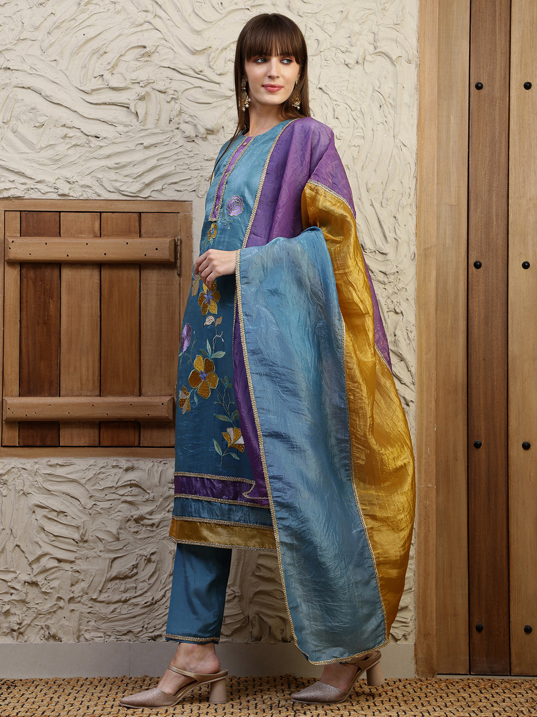 Hand Embroidered Kurta With Pant & Dual Toned Dupatta, Blue - Hiral Fashion