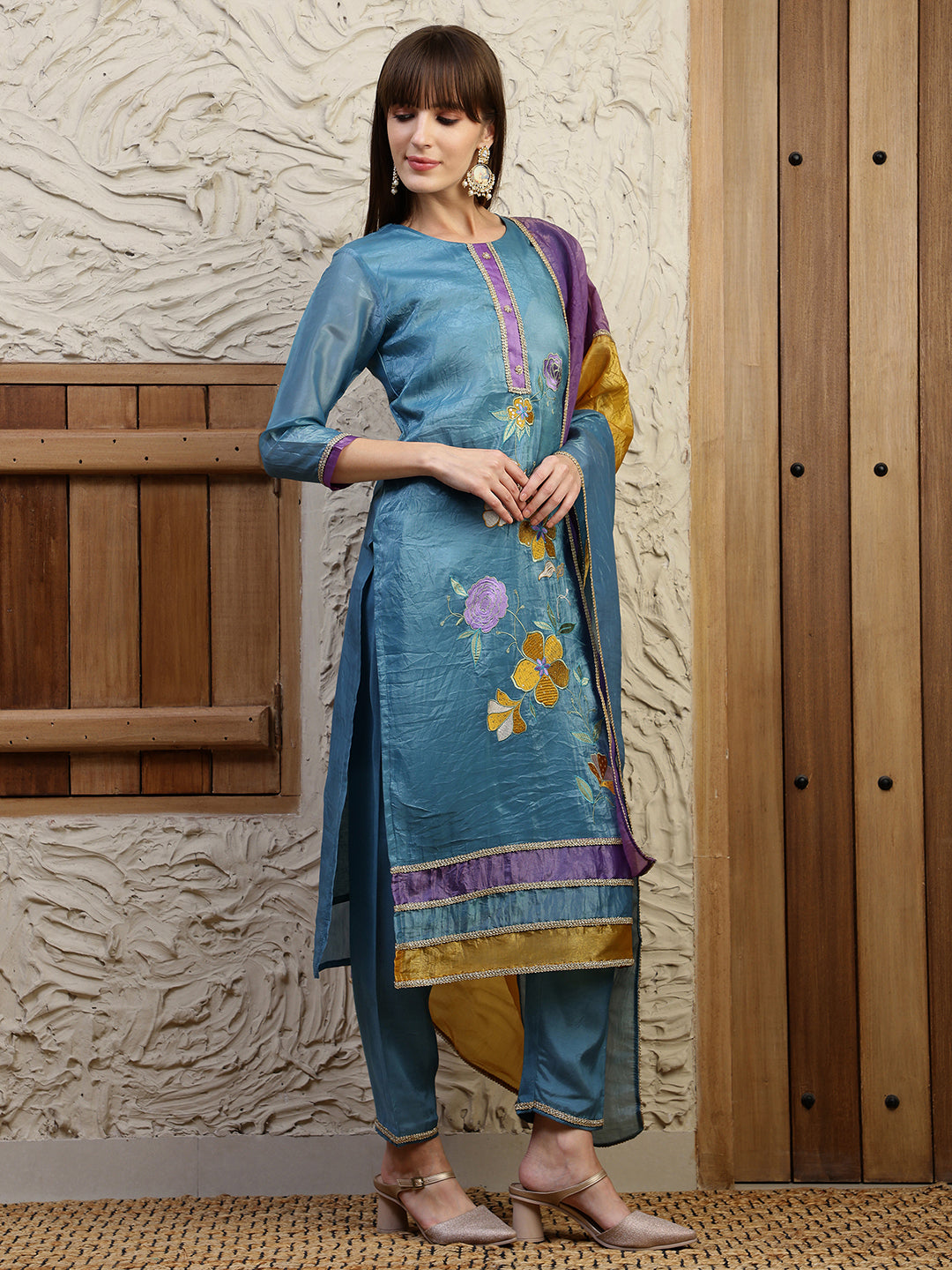 Hand Embroidered Kurta With Pant & Dual Toned Dupatta, Blue - Hiral Fashion