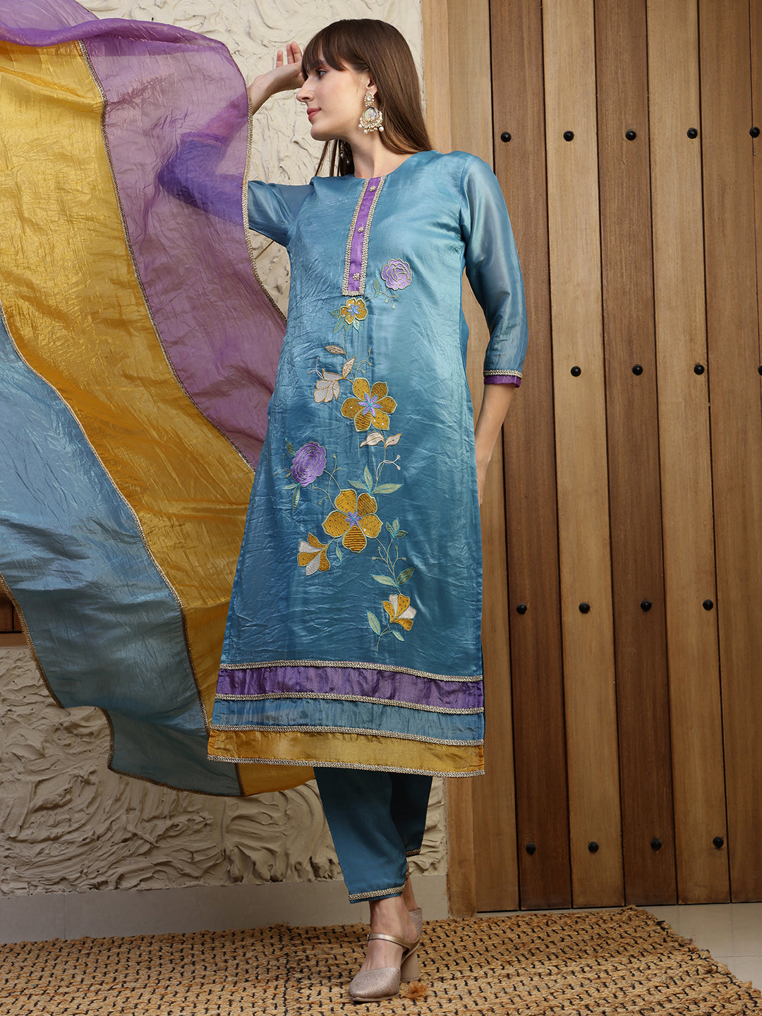 Hand Embroidered Kurta With Pant & Dual Toned Dupatta, Blue - Hiral Fashion
