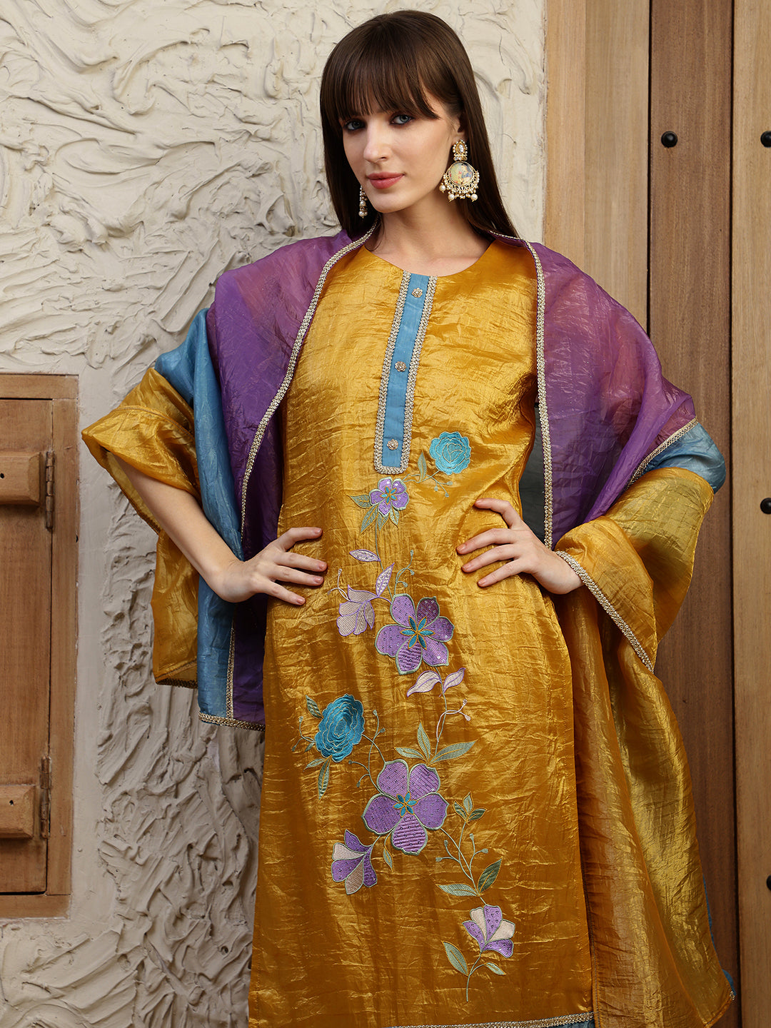 Hand Embroidered Kurta With Pant & Dual Toned Dupatta, Mustard - Hiral Fashion