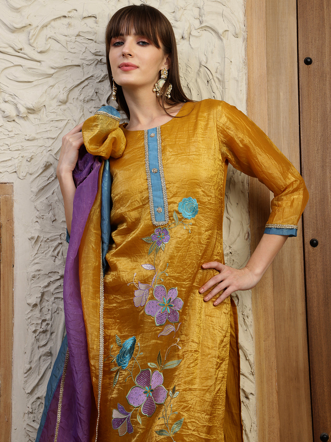 Hand Embroidered Kurta With Pant & Dual Toned Dupatta, Mustard - Hiral Fashion
