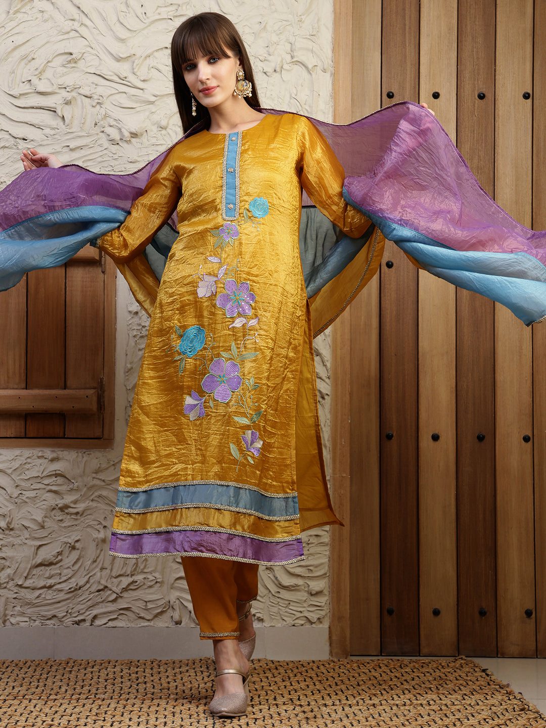 Hand Embroidered Kurta With Pant & Dual Toned Dupatta, Mustard - Hiral Fashion