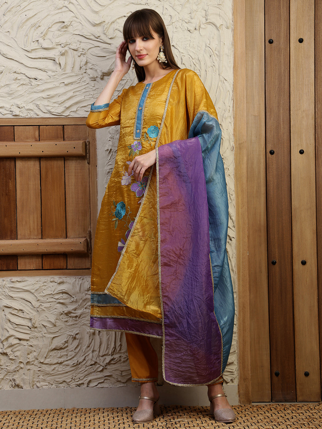 Hand Embroidered Kurta With Pant & Dual Toned Dupatta, Mustard - Hiral Fashion